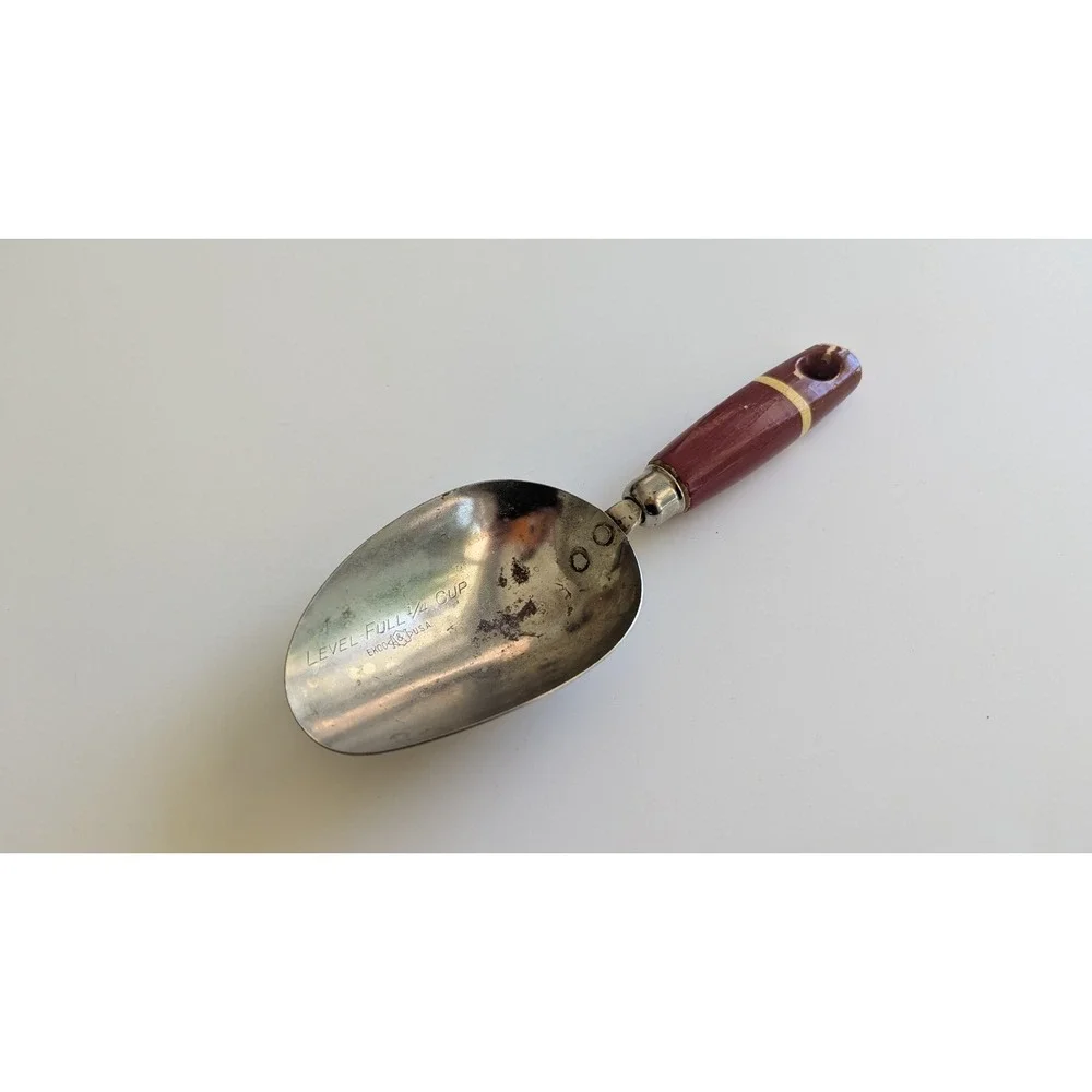 Vintage Ekco A&J USA 1/4 Cup Metal Kitchen Scoop Burgundy Wood Handle 7.75 Inch